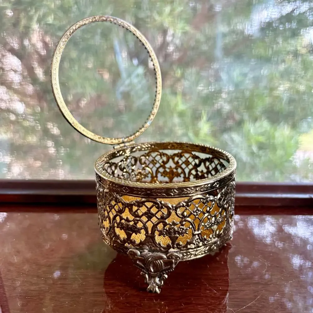 Vintage Gold Filigree Jewelry Casket Footed Trinket Box with Glass Lid
